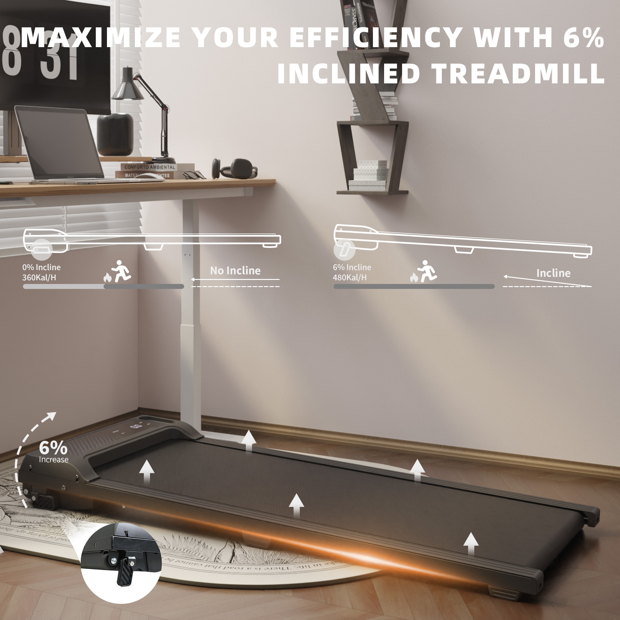 Under Desk Treadmill With Incline,Walking Pad For Home/Office,Portable Walking Treadmill 1.0HP,Walking Jogging Machine With 242 Lbs Weight Capacity,LED Display,1.0-6.0km/h_voghion.com